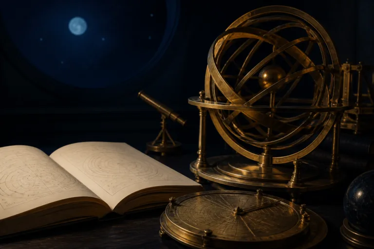 Brass armillary sphere and an open book in a nighttime observatory; AI-generated illustration.